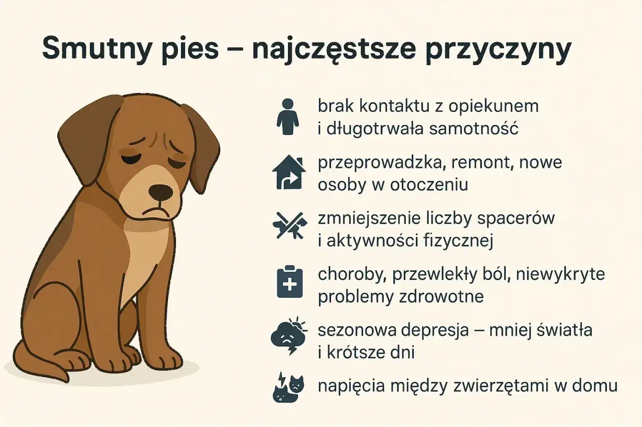 Smutny pies z opuszczonymi uszami. Obrazek ilustruje przyczyny depresji u psa: samotność, zmiany, brak ruchu, choroby, sezonowość i konflikty.