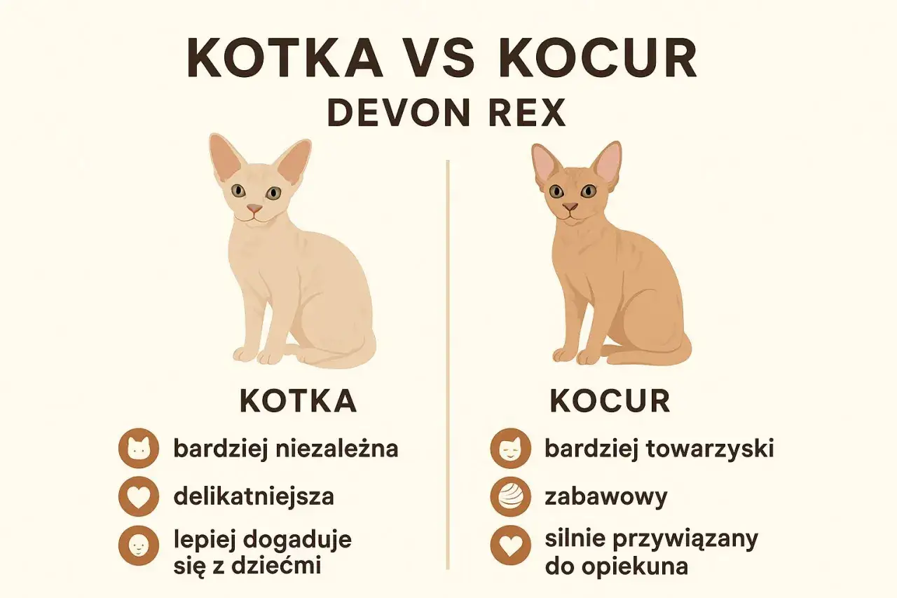 Porównanie kotki i kocura rasy Devon Rex: kotka jest bardziej niezależna, delikatniejsza i lepiej dogaduje się z dziećmi, a kocur jest towarzyski, zabawowy i przywiązany do opiekuna.