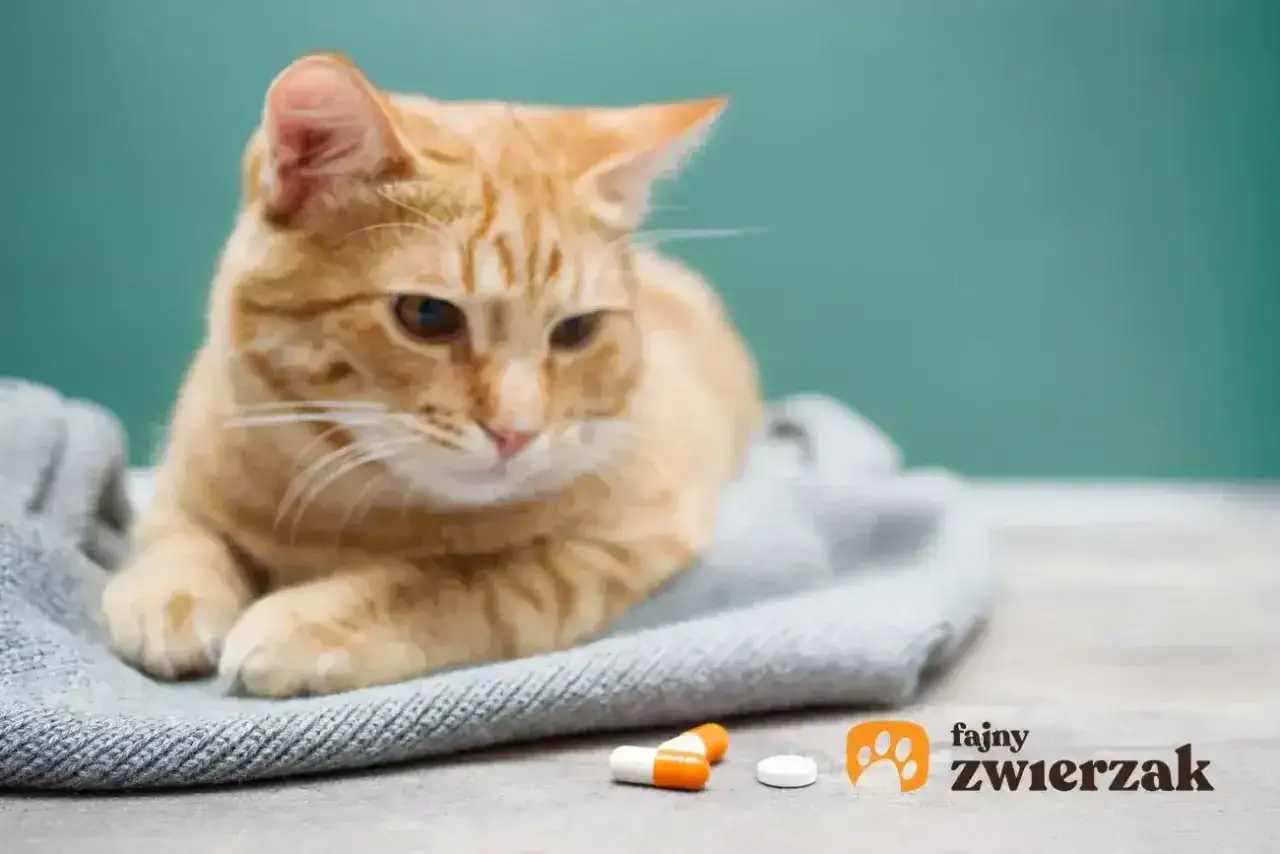 Pomarańczowy kot leży na kocu obok tabletek. Gabapentin dla kota może pomóc w łagodzeniu bólu i lęku.
