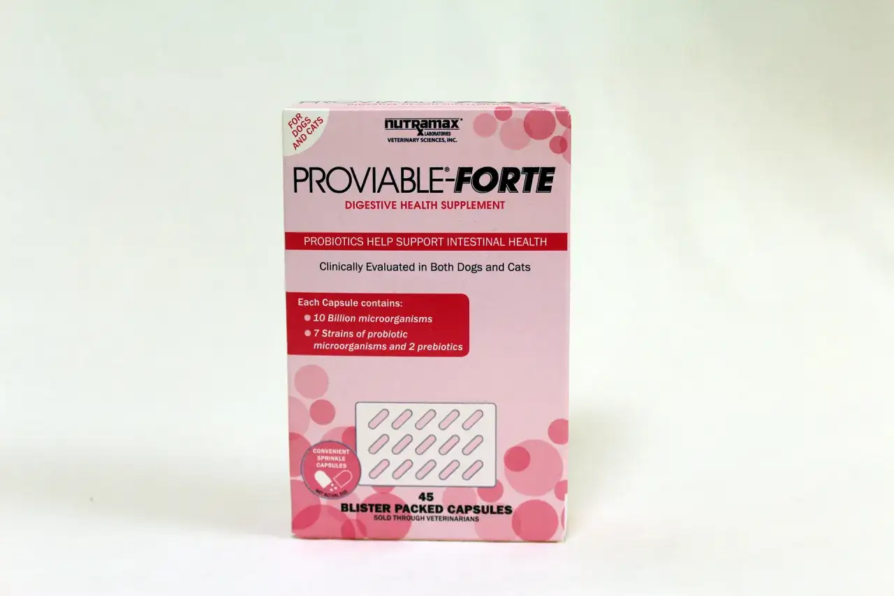 Proviable-Forte, ludzki probiotyk dla psa i kota, wspiera zdrowie jelit. Opakowanie zawiera 45 kapsułek do posypywania.