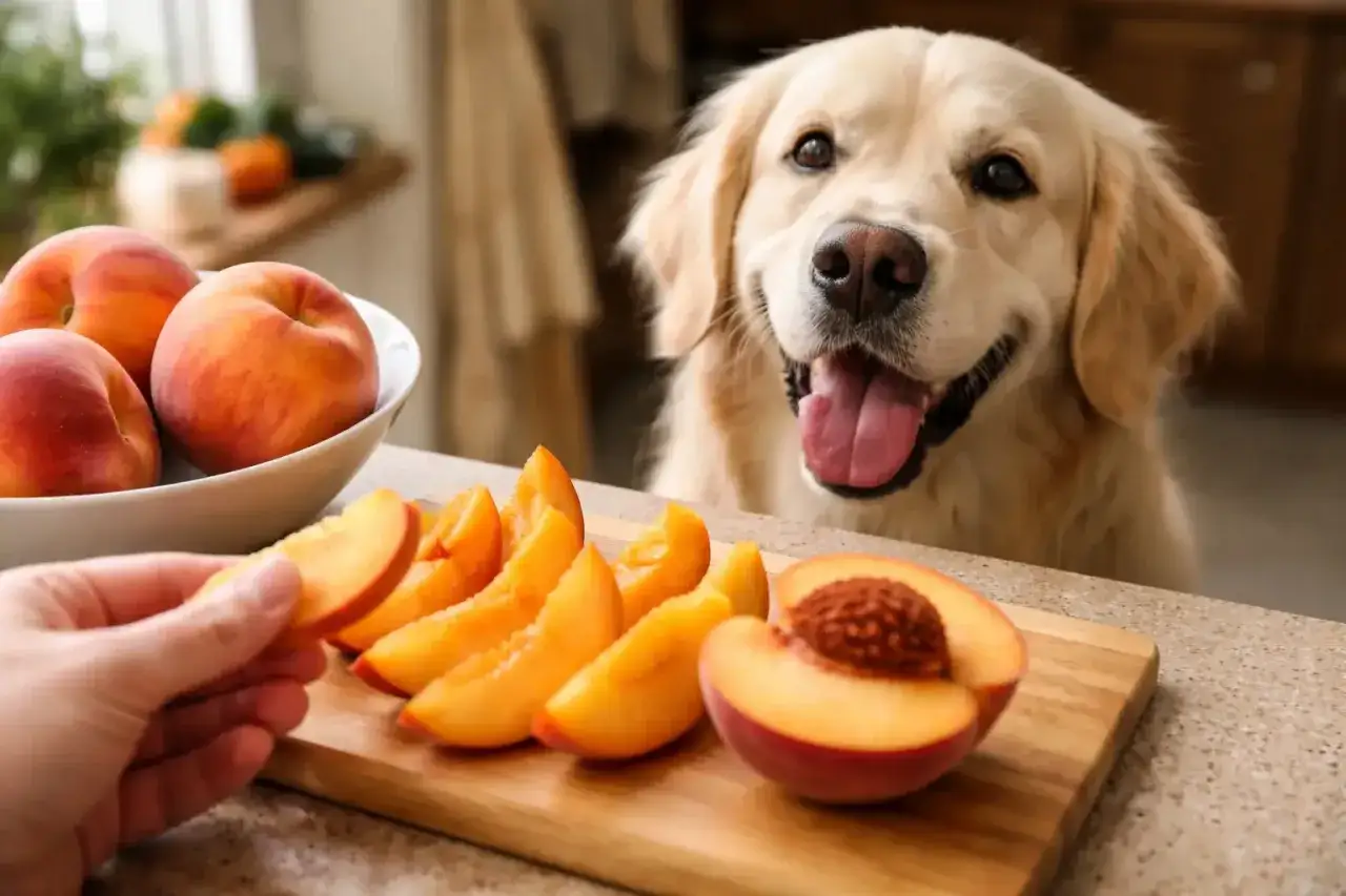 Złoty retriever z językiem na wierzchu patrzy na brzoskwinie. Czy pies może brzoskwinie? Oto pytanie, na które szuka odpowiedzi.