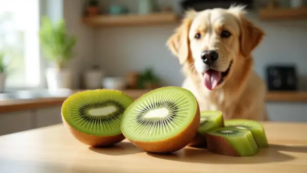Złoty retriever z zaciekawieniem patrzy na pokrojone kiwi. Czy pies może jeść kiwi? Oto pytanie, na które szukamy odpowiedzi, gdy widzimy tę scenę.