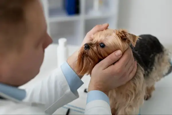 Wet nose and sad eyes of a Yorkshire Terrier during a vet visit for a cold. Wet nose and sad eyes of a Yorkshire Terrier during a vet visit for a cold.