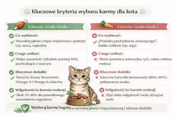 Porównanie karm dla kotów: wybieraj mięso, unikaj zbóż. Kluczowe kryteria wyboru karmy, by kot był zdrowy.