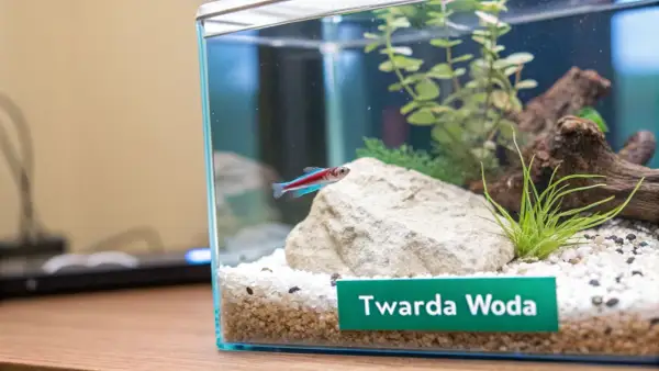 Małe akwarium z neonką i roślinami. Na dnie kamienie i napis "Twarda Woda", sugerujący rodzaj wody do akwarium.