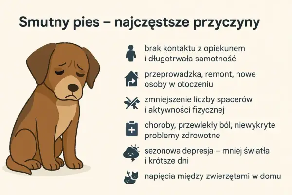 Smutny pies z opuszczonymi uszami siedzi obok listy przyczyn jego przygnębienia: samotność, zmiany, brak ruchu, choroby, depresja i konflikty.