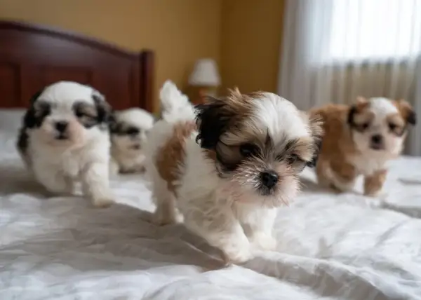 Cztery szczenięta rasy Shih Tzu na białej pościeli. Idealne imię dla suczki? Może Luna, Daisy, czy Bella?