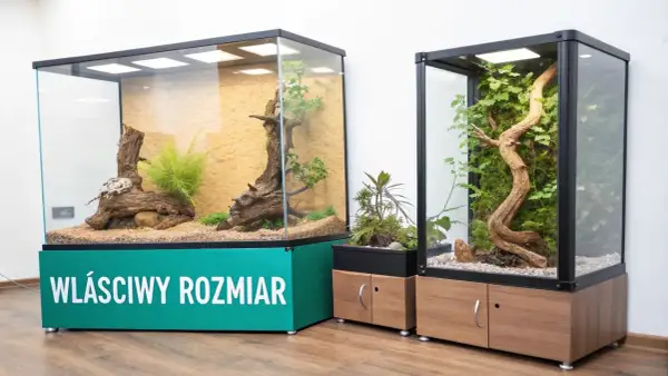 Dwa szklane teraria z roślinnością i korzeniami. Jedno z nich ma zielony napis "WŁAŚCIWY ROZMIAR".
