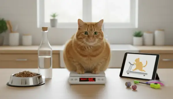 Gruby rudy kot na wadze, obok miska karmy i tablet z animacją biegnącego kota. Czas zacząć odchudzać kota!