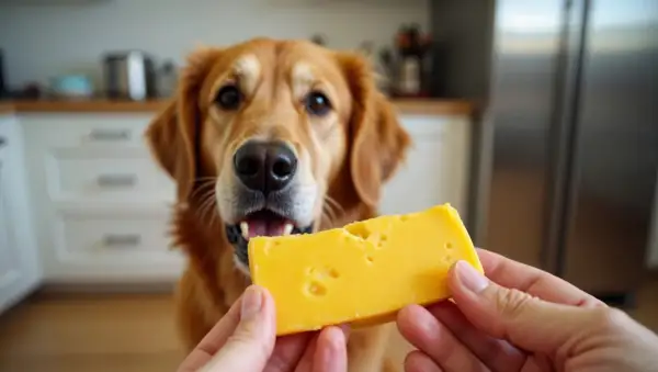 Złoty retriever patrzy z nadzieją na kawałek sera żółtego. Czy pies może jeść ser żółty? To pytanie zadaje sobie wielu właścicieli.
