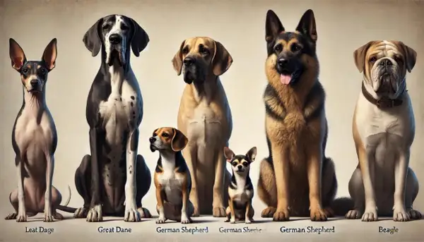 Rasy psów małych i średnich: Leat Dog, Great Dane, Beagle, German Shepherd i Chihuahua.