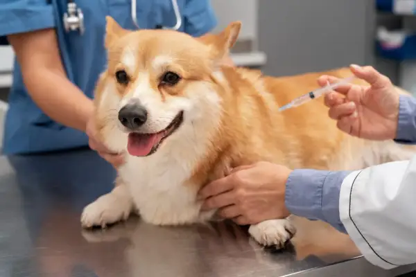 Weterynarz podaje szczepionkę corgi. Dowiedz się, ile kosztuje szczepienie psa, aby zapewnić mu zdrowie.